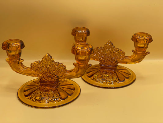 Vintage double candleholders, Amber
